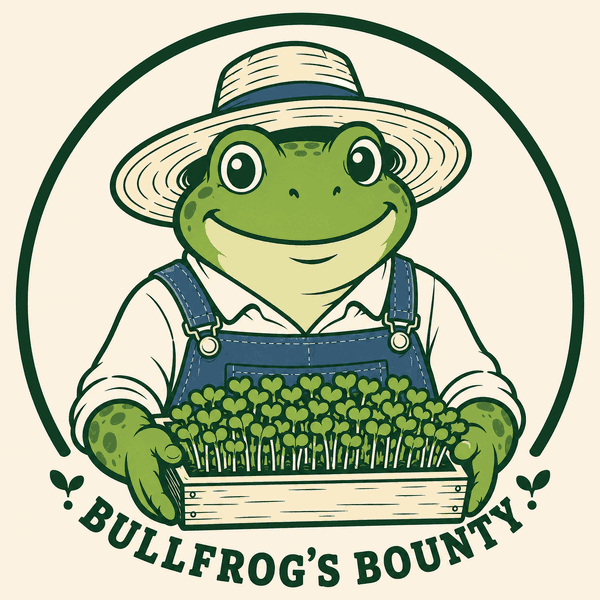 Bullfrog's Bounty: a farmer frog holding a tray of microgreens